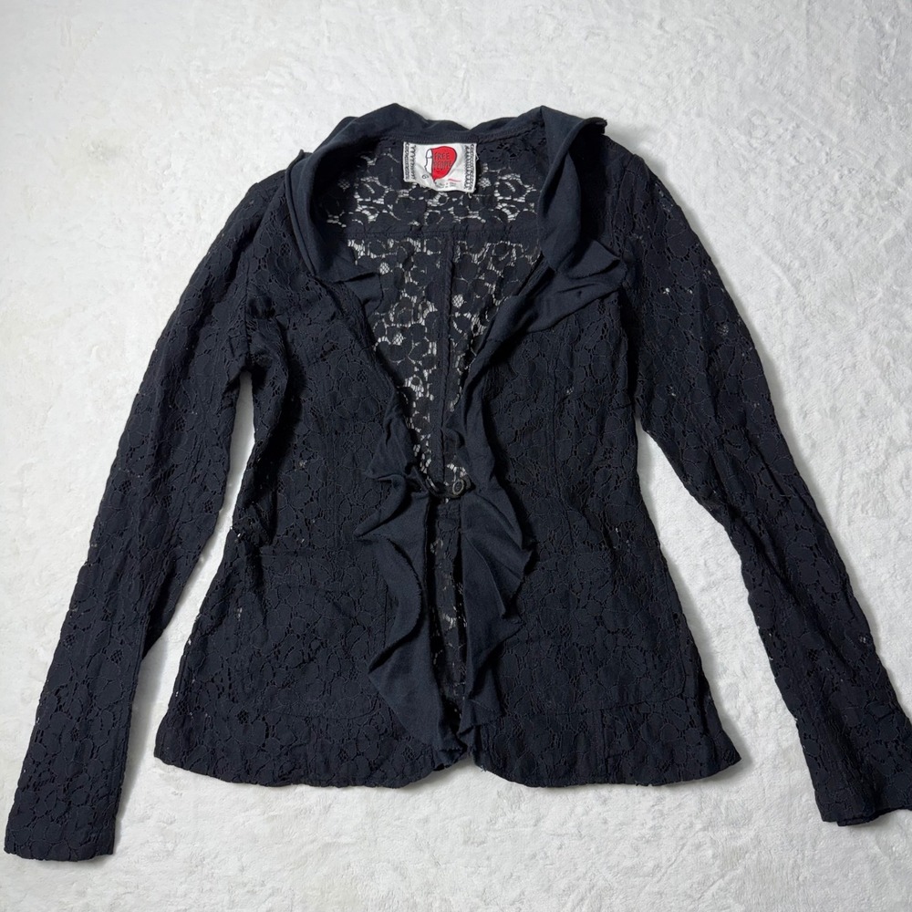FREE PEOPLE Black Floral Lace One Button Front‎ Top Coverup Ruffle Trim Size 6